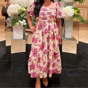 Abercrombie & Fitch Emerson Floral Puff-Sleeve Midi Dress in White and Purple